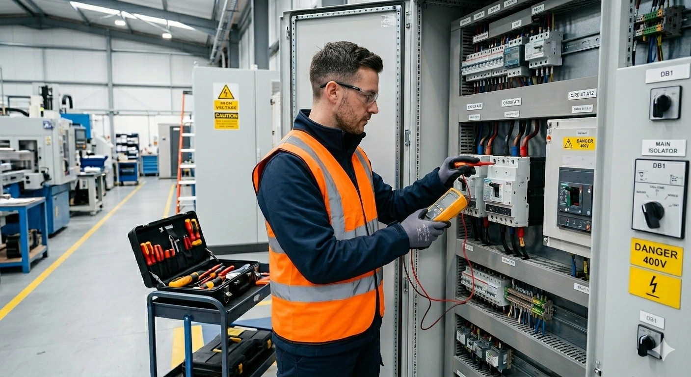 Electrical maintenance - professional electrician performing electrical repairs and testing