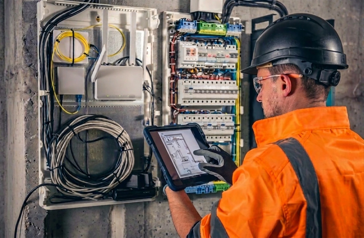 NICEIC approved professional electrician working on electrical panel - Mara Electricals North Wales Chester