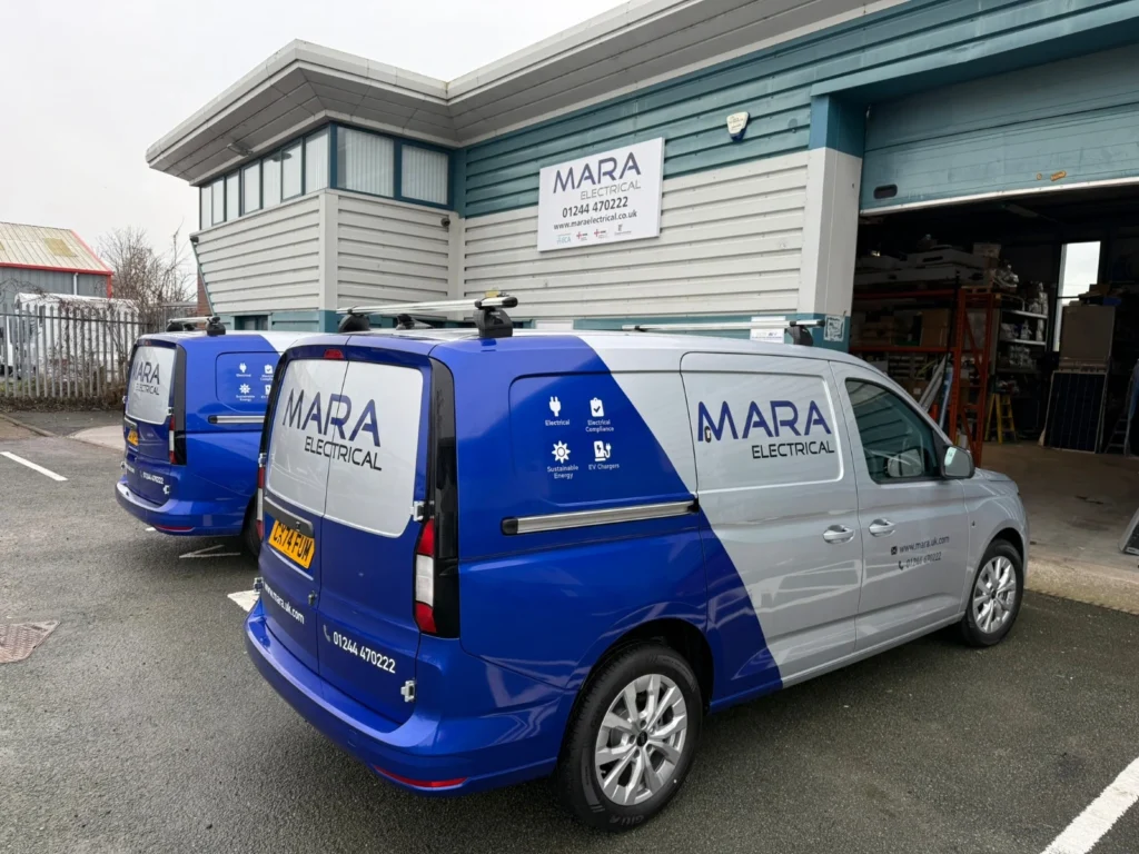 MARA Electrical office and branded vans at Expressway Business Park, Queensferry