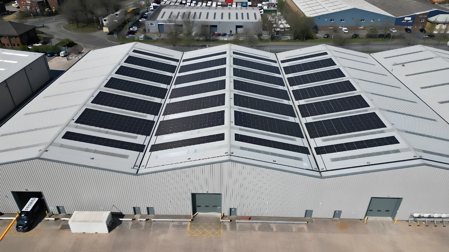 Industrial Park Solar by MARA Electrical — Stakehill Industrial Park, Manchester (Olympus Power) — commercial solar panel installation North Wales & Chester
