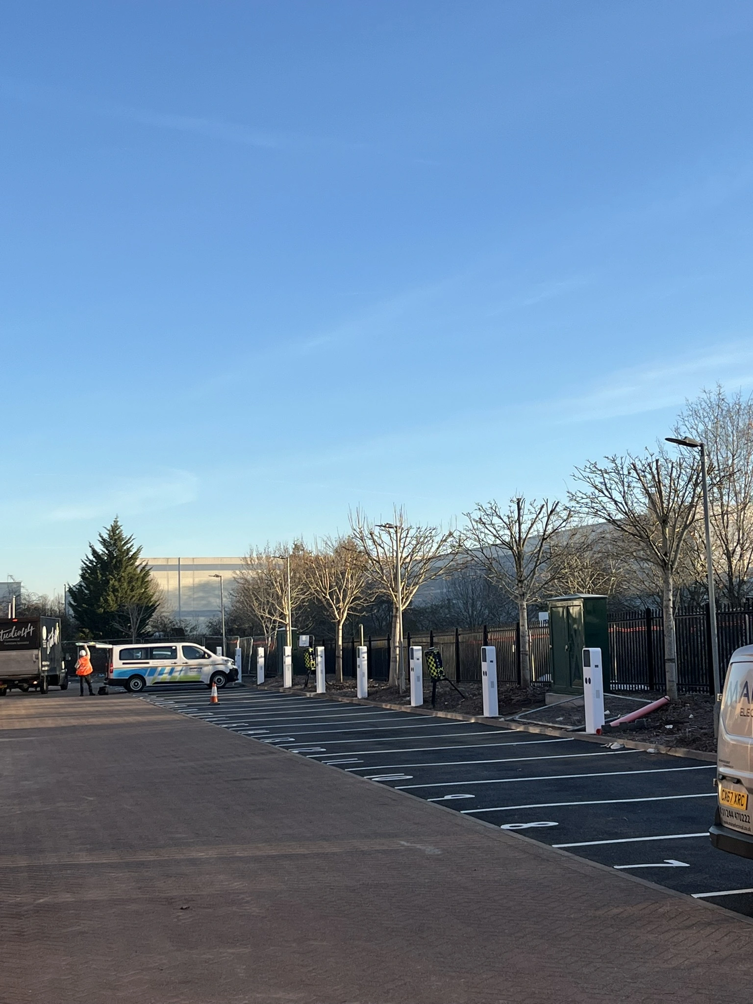 Rows of EV charging bays under construction for a 60-bay hub by MARA Electrical — large scale commercial EV charging installation North Wales