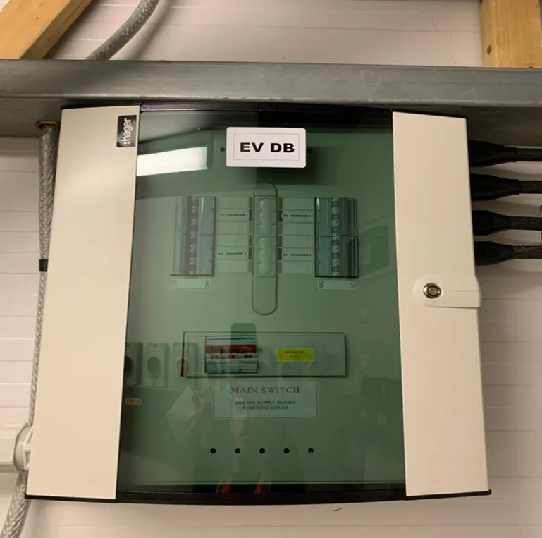 Pirtex fleet EV charging distribution board (EV DB) installed by MARA Electrical — dedicated EV supply and switchgear for 7kW Sevadis MaxiChargers, commercial EV charging Deeside