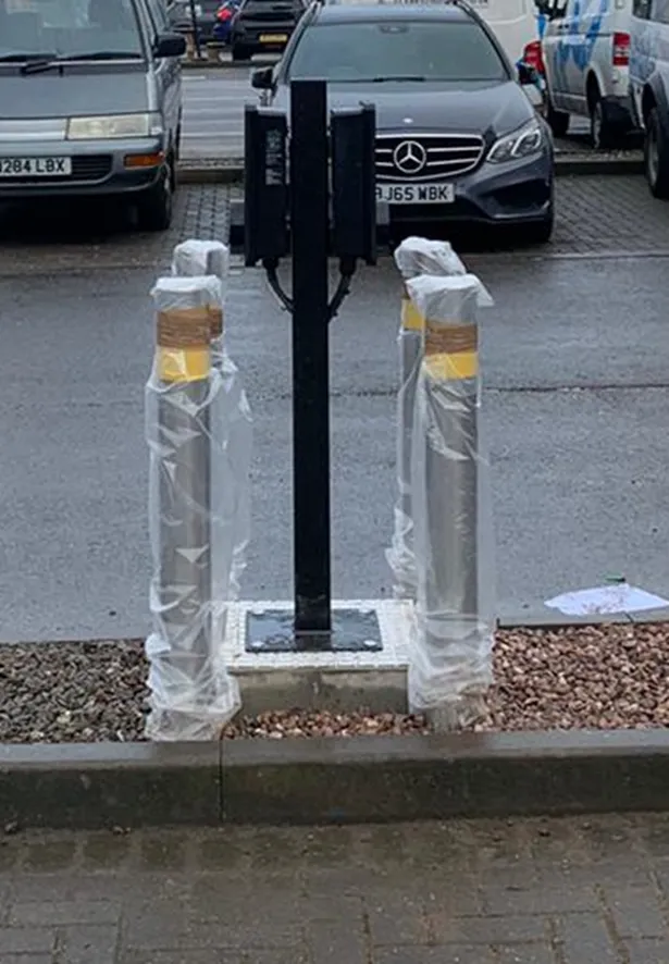 Fleet EV charging pedestals awaiting handover, installed by MARA Electrical — 7kW Sevadis MaxiCharger dual pedestals