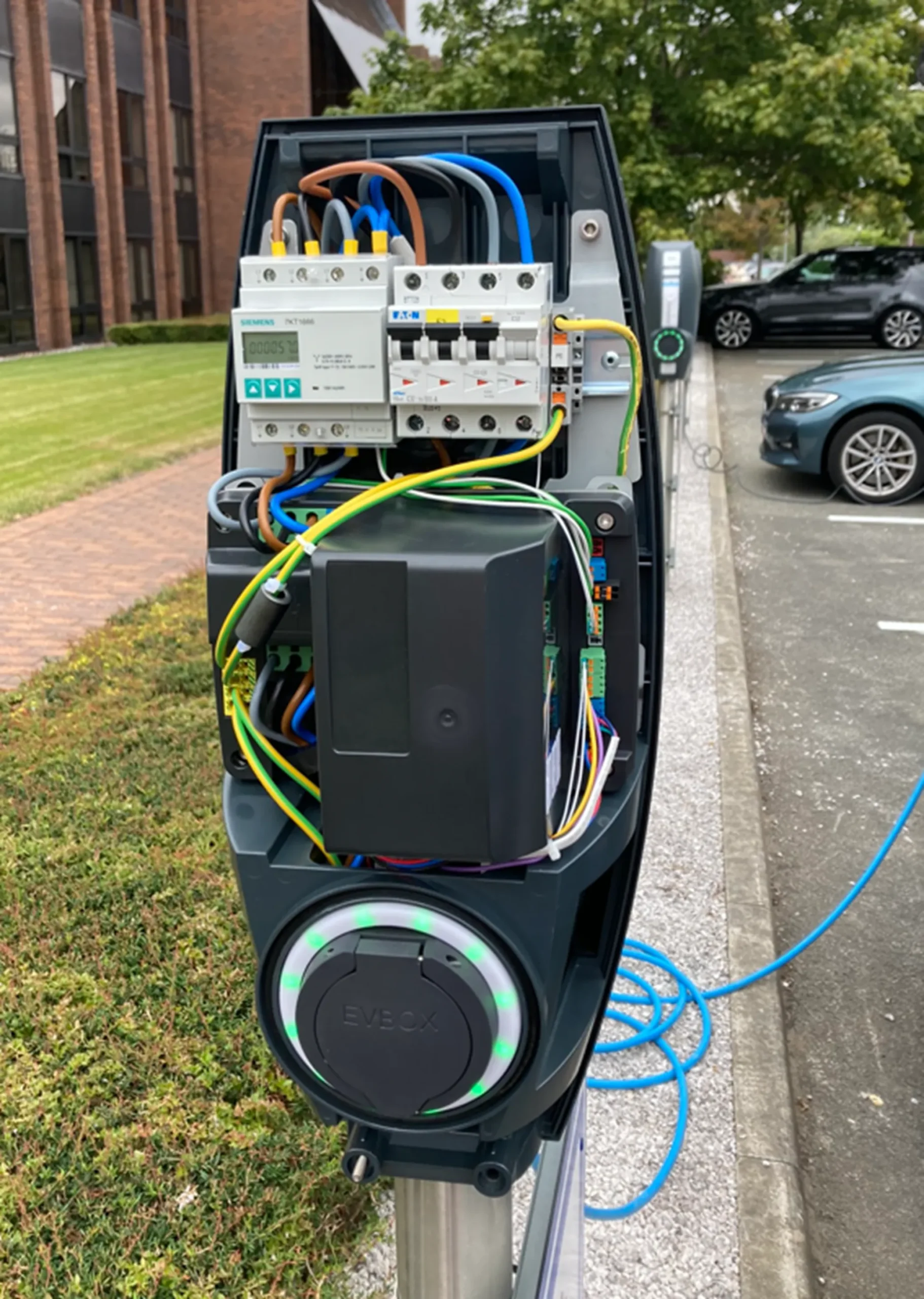 Iceland Foods staff EV charger installation in Deeside by MARA Electrical — 21 22kW EV Box chargers, commercial EV charging North Wales