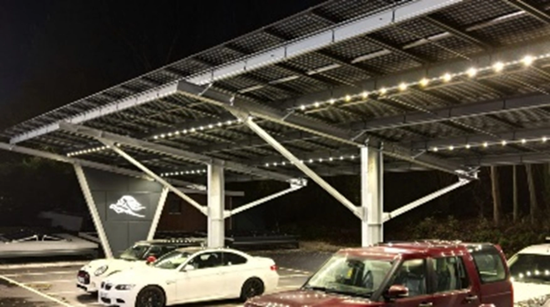 Solar photovoltaic panels mounted on Kingspan Power Canopy structure by MARA Electrical, MCS certified solar installers