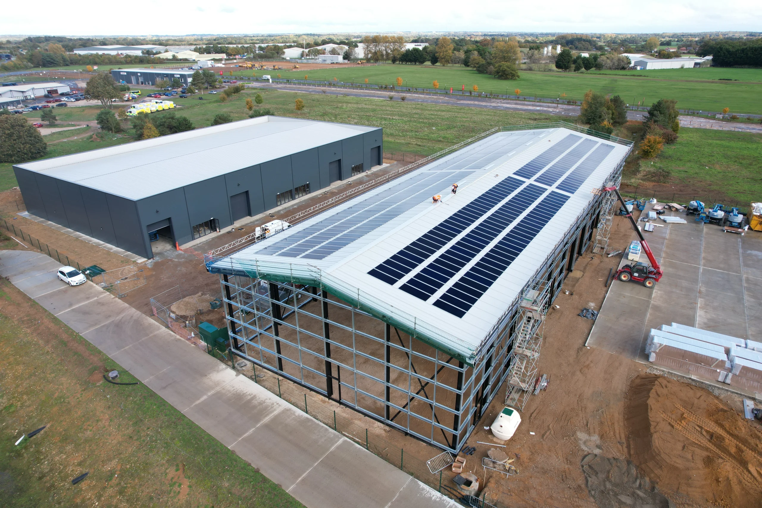 165.6kWp Kingspan Power Panel solar installation at Snetterton Business Park, Norfolk, by MARA Electrical — commercial solar panel installation and G99 grid connection