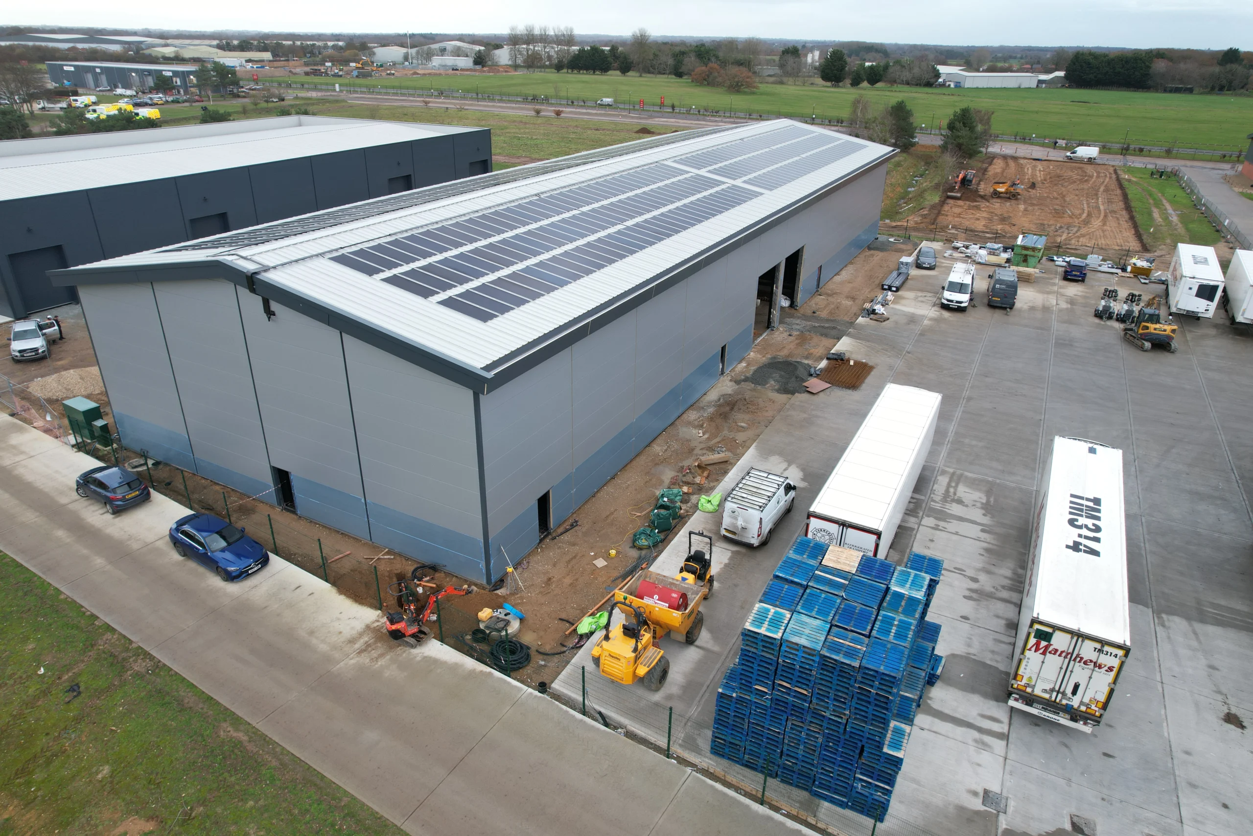 Commercial rooftop solar PV at Snetterton Business Park designed and connected by MARA Electrical, MCS certified installers