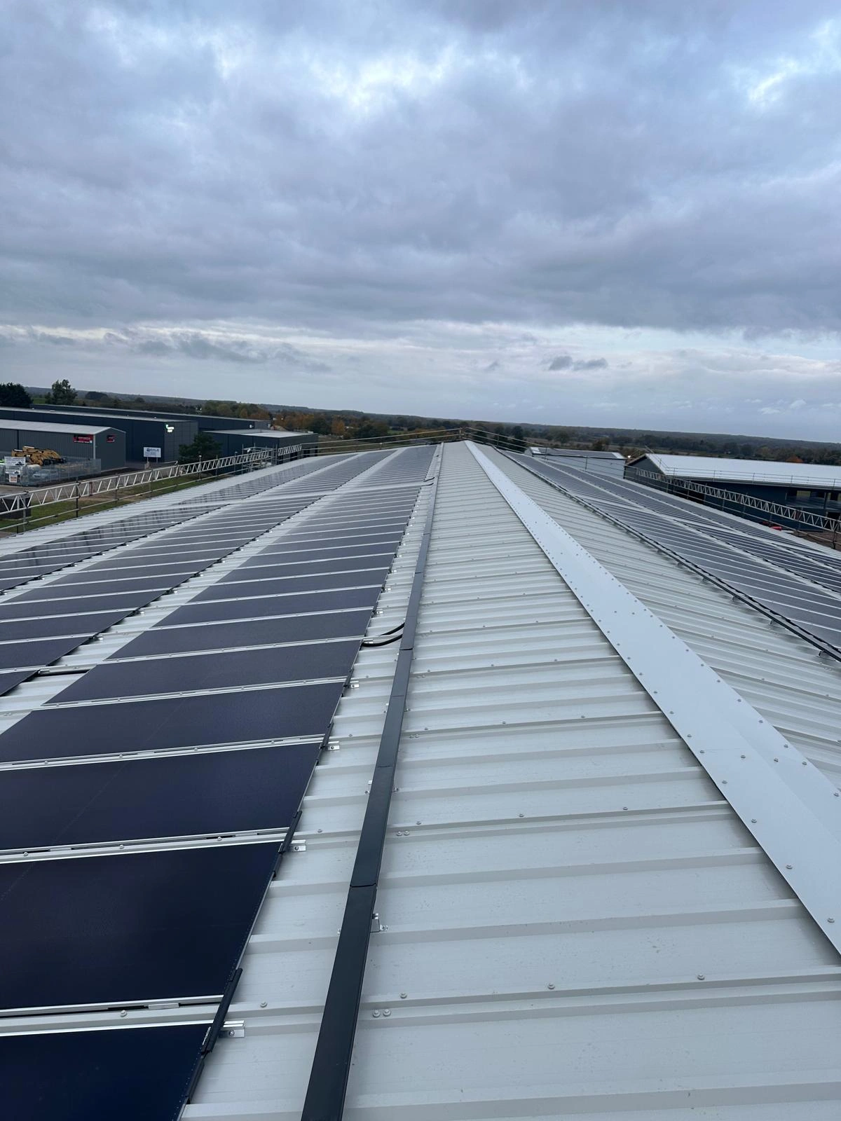 Commercial solar panel installation progress at Snetterton Business Park by MARA Electrical