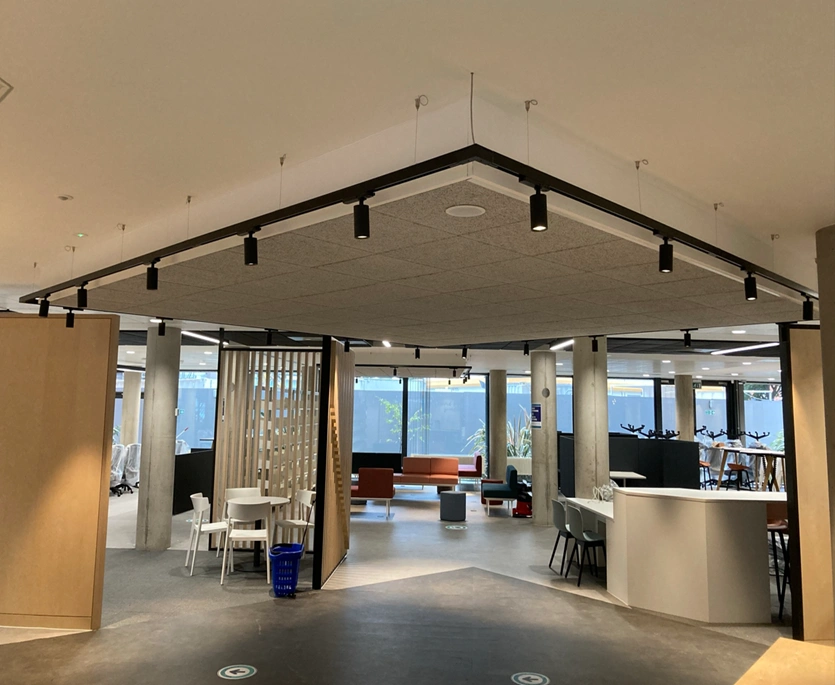 Student learning and social space with feature lighting installed by MARA Electrical at LJMU